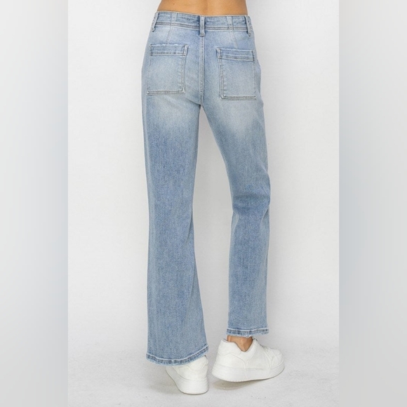 Risen Jeans High Rise Patch Pocket Ankle Flare Light Wash Women's Size 26 - Picture 3 of 15